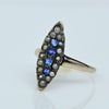 Victorian Blue Sapphire and Seed Pearl Navette 14K Gold Cocktail Ring