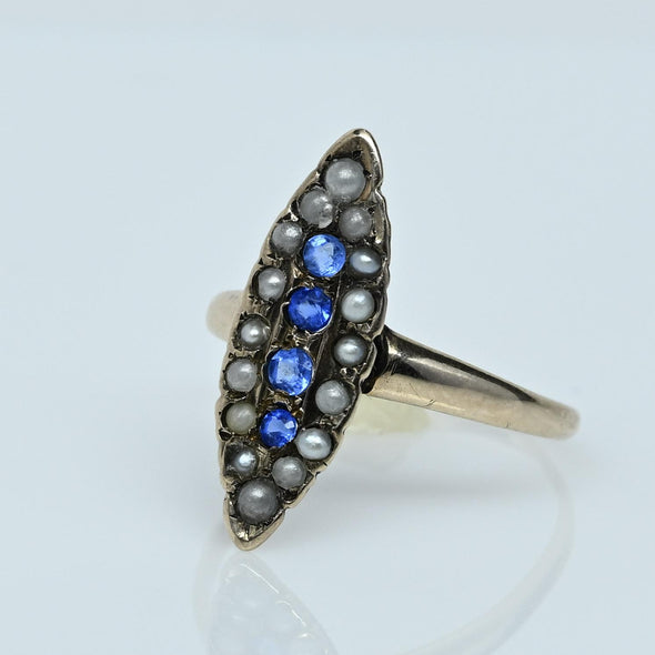 Victorian Blue Sapphire and Seed Pearl Navette 14K Gold Cocktail Ring