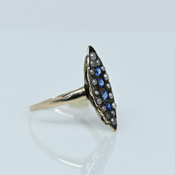 Victorian Blue Sapphire and Seed Pearl Navette 14K Gold Cocktail Ring