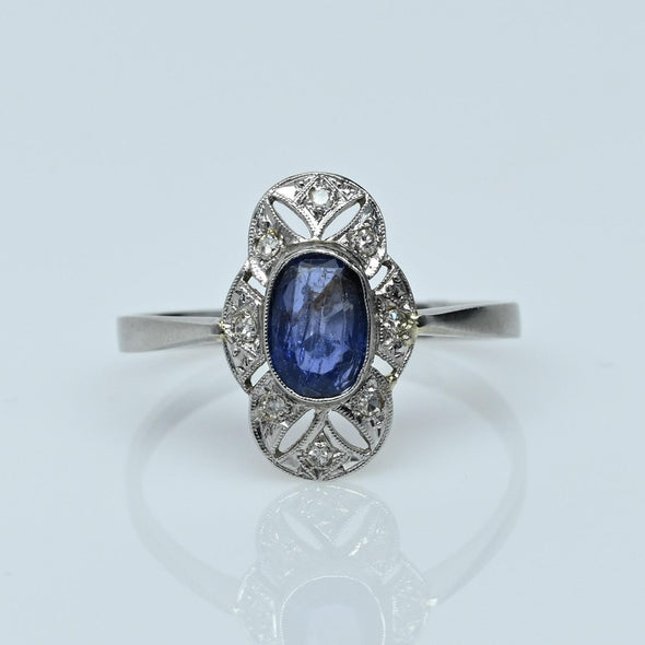 Antique Platinum Sapphire and Diamond Filigree Ring