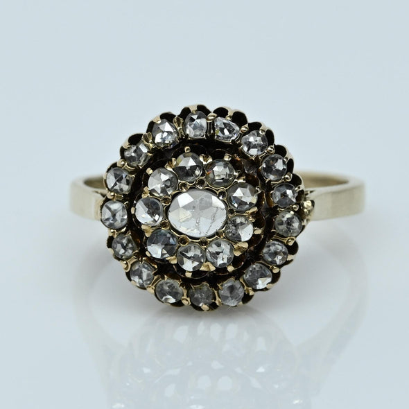 Antique Victorian 14K Rose Cut Diamond Double Halo Cluster Ring