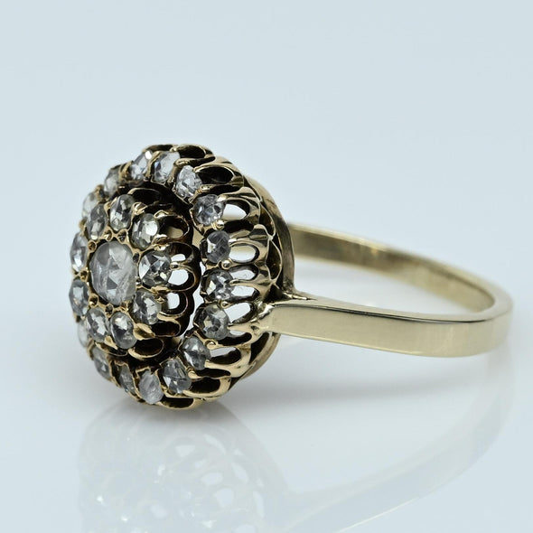 Antique Victorian 14K Rose Cut Diamond Double Halo Cluster Ring