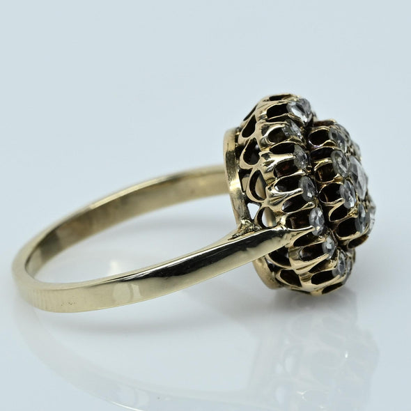 Antique Victorian 14K Rose Cut Diamond Double Halo Cluster Ring