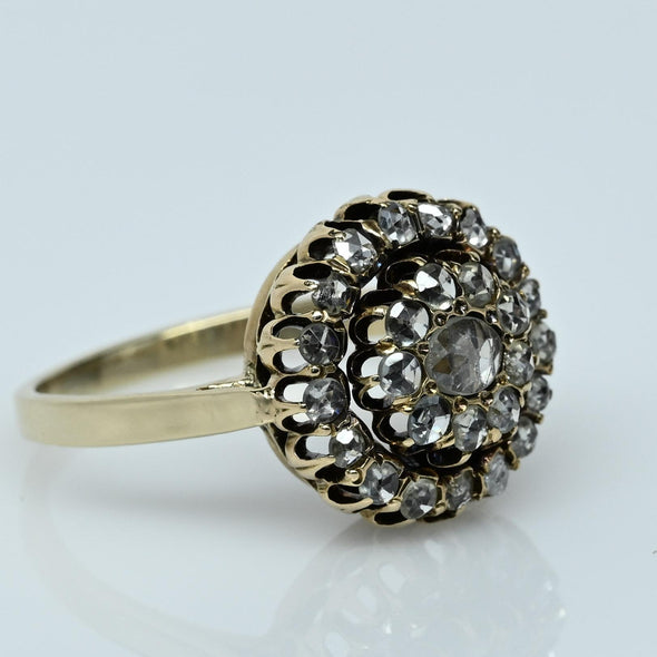 Antique Victorian 14K Rose Cut Diamond Double Halo Cluster Ring