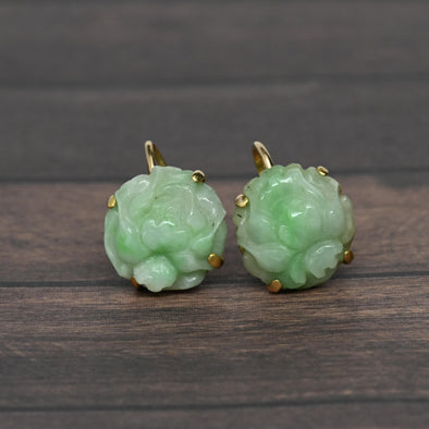 Vintage Carved Snow Jade Jadeite Floral 14k Gold Drop Earrings