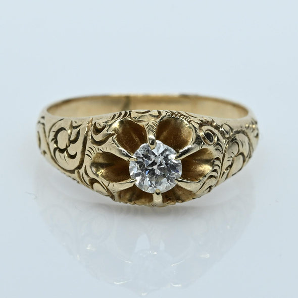 Victorian Old European Cut Diamond Antique 14K Yellow Gold Belcher Ring