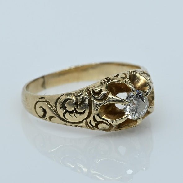 Victorian Old European Cut Diamond Antique 14K Yellow Gold Belcher Ring
