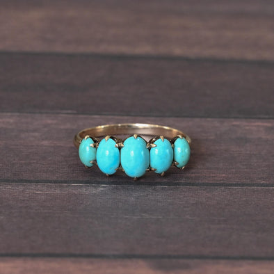 Antique Victorian Five-Stone Turquoise Ring with Talon Prongs in Yellow Gold