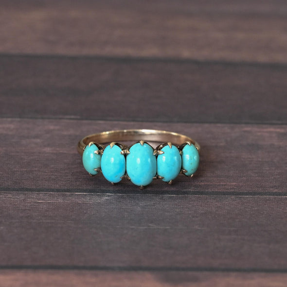 Antique Victorian Five-Stone Turquoise Ring with Talon Prongs in Yellow Gold