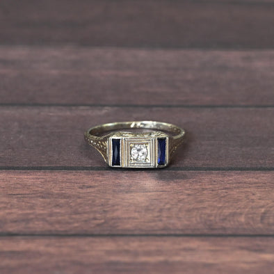 1927 Art Deco Old Euro Diamond Sapphire 20K White Gold Engagement Ring