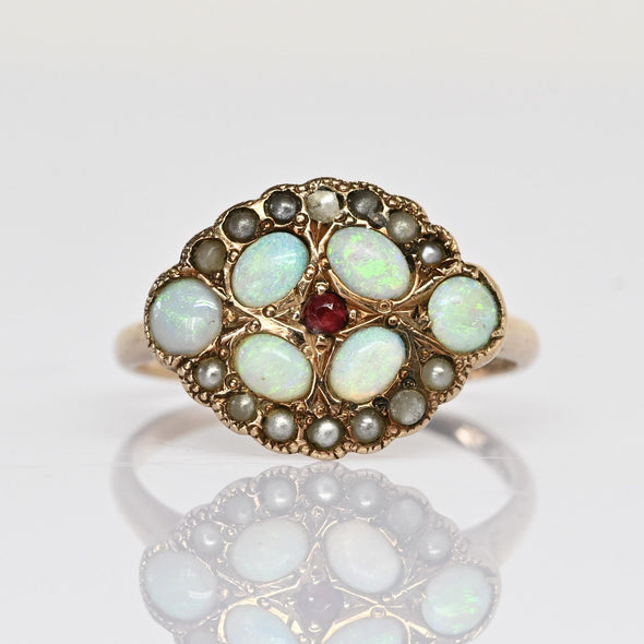 Victorian Opal Pearl and Ruby Yellow Gold Antique Ring