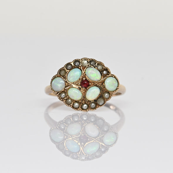 Victorian Opal Pearl and Ruby Yellow Gold Antique Ring