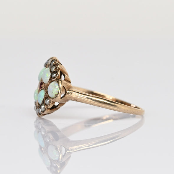 Victorian Opal Pearl and Ruby Yellow Gold Antique Ring