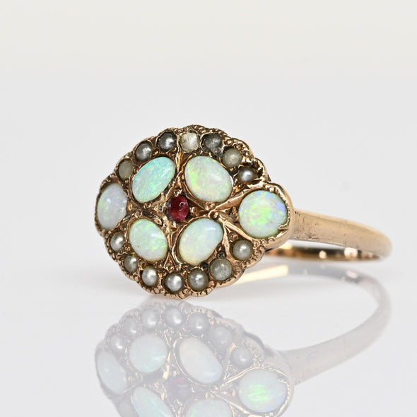 Victorian Opal Pearl and Ruby Yellow Gold Antique Ring
