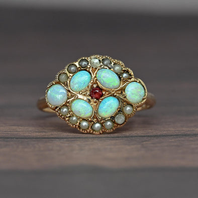 Victorian Opal Pearl and Ruby Yellow Gold Antique Ring