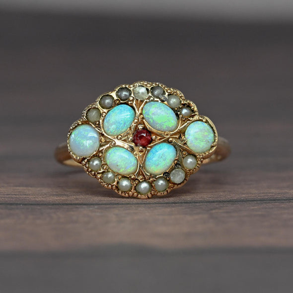 Victorian Opal Pearl and Ruby Yellow Gold Antique Ring