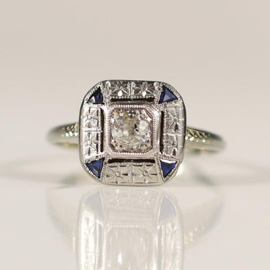 Antique Art Deco Square Top Diamond Ring with Sapphire accents