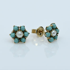 Vintage 14K Yellow Gold Turquoise and Pearl Floral Earrings