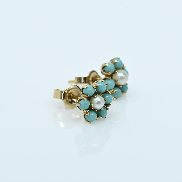 Vintage 14K Yellow Gold Turquoise and Pearl Floral Earrings