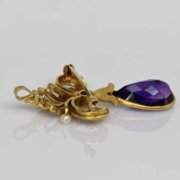 Antique Amethyst Pear Diamond & Pearl Art Nouveau Converter Brooch / Pendant