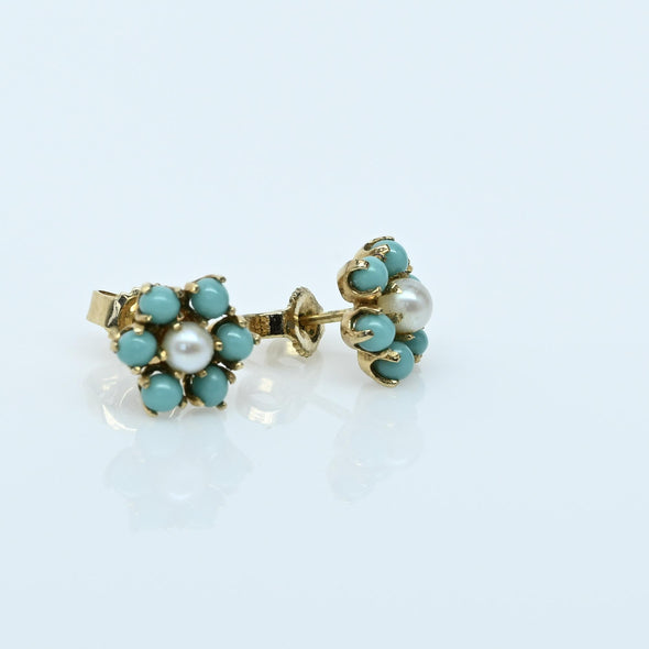 Vintage 14K Yellow Gold Turquoise and Pearl Floral Earrings