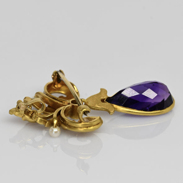 Antique Amethyst Pear Diamond & Pearl Art Nouveau Converter Brooch / Pendant
