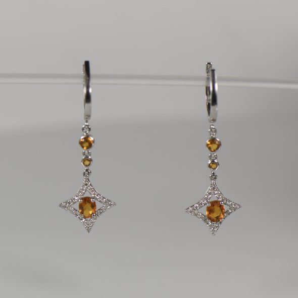 Citrine Dangle Earrings w. 1/2ctw Diamonds in 18K White Gold