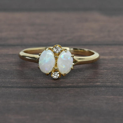 Vintage Petit Opal and Diamond 14k Yellow Gold Ring