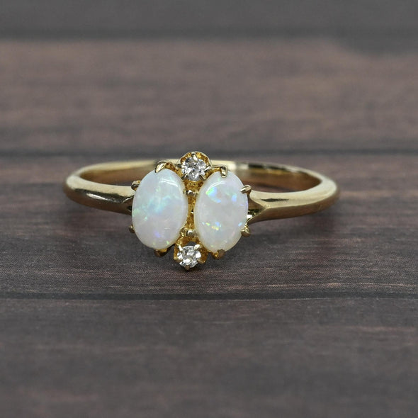 Vintage Petit Opal and Diamond 14k Yellow Gold Ring