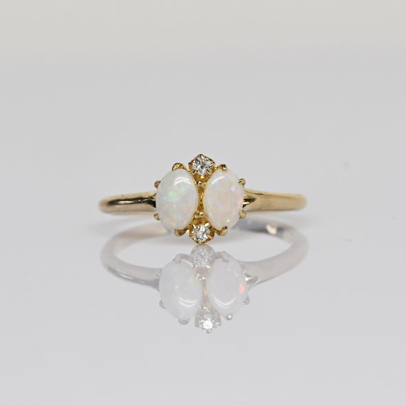 Vintage Petit Opal and Diamond 14k Yellow Gold Ring