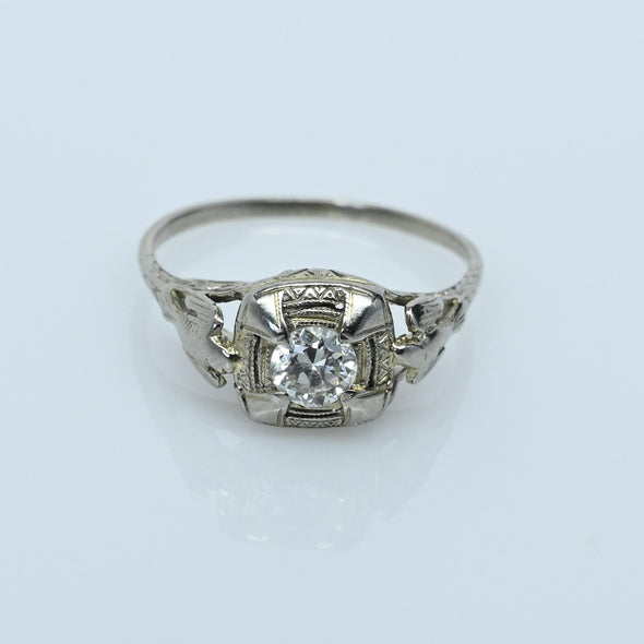 Art Deco 0.35ct Old European Cut Diamond 18k White Gold Filigree Engagement Ring