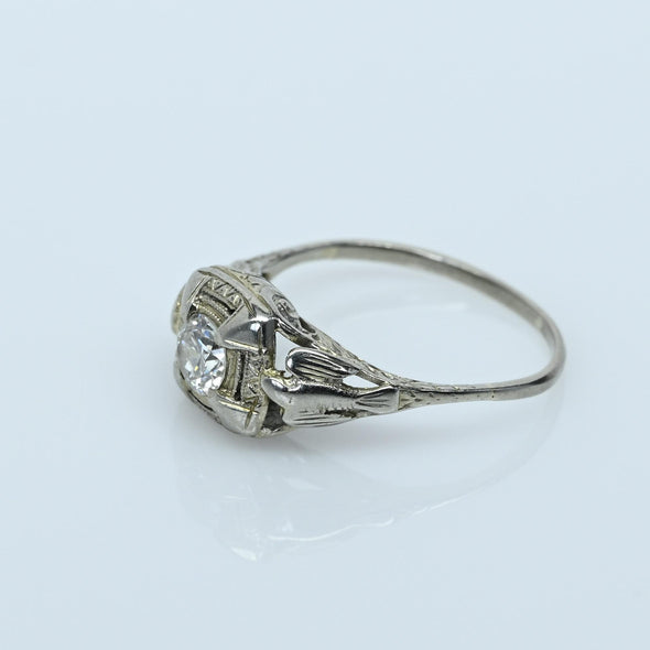 Art Deco 0.35ct Old European Cut Diamond 18k White Gold Filigree Engagement Ring