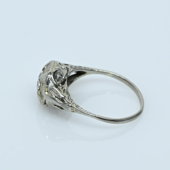 Art Deco 0.35ct Old European Cut Diamond 18k White Gold Filigree Engagement Ring
