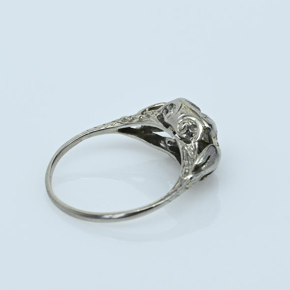 Art Deco 0.35ct Old European Cut Diamond 18k White Gold Filigree Engagement Ring