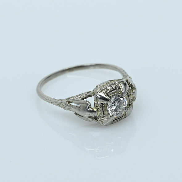 Art Deco 0.35ct Old European Cut Diamond 18k White Gold Filigree Engagement Ring