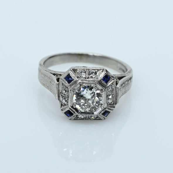 Platinum Art Deco Old European Cut Diamond & Sapphire Octagonal Ring