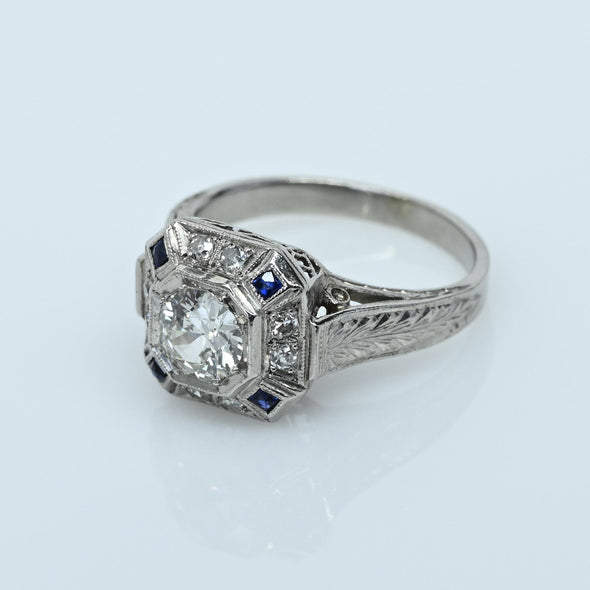 Platinum Art Deco Old European Cut Diamond & Sapphire Octagonal Ring