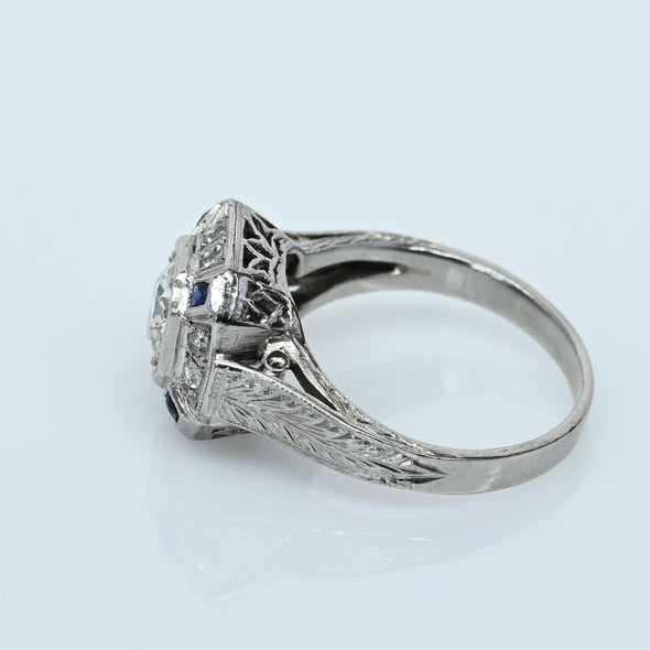 Platinum Art Deco Old European Cut Diamond & Sapphire Octagonal Ring