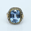 Art Deco Blue Spinel Cushion-Cut Pearl Border 14k Gold Statement Ring