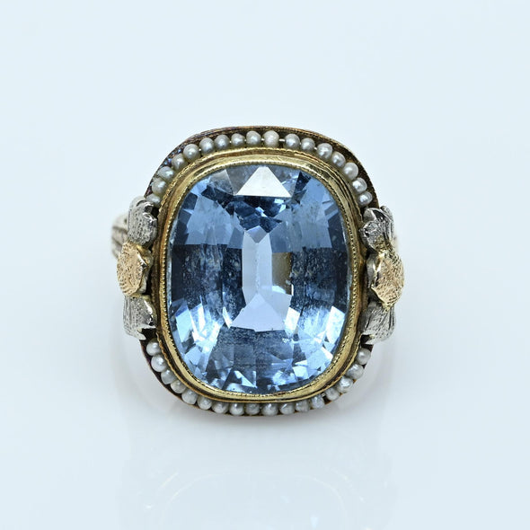 Art Deco Blue Spinel Cushion-Cut Pearl Border 14k Gold Statement Ring