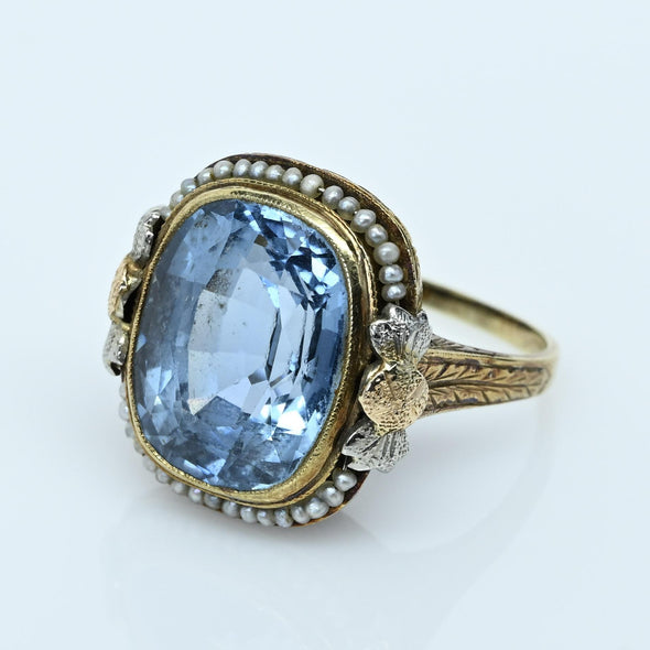 Art Deco Blue Spinel Cushion-Cut Pearl Border 14k Gold Statement Ring