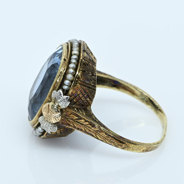 Art Deco Blue Spinel Cushion-Cut Pearl Border 14k Gold Statement Ring