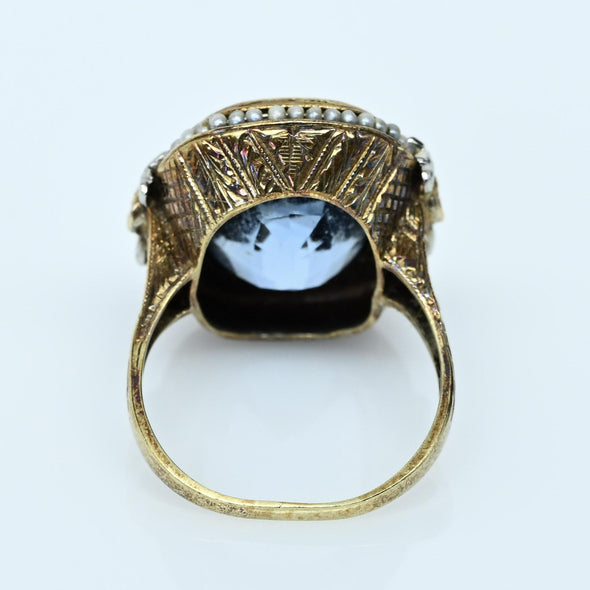 Art Deco Blue Spinel Cushion-Cut Pearl Border 14k Gold Statement Ring