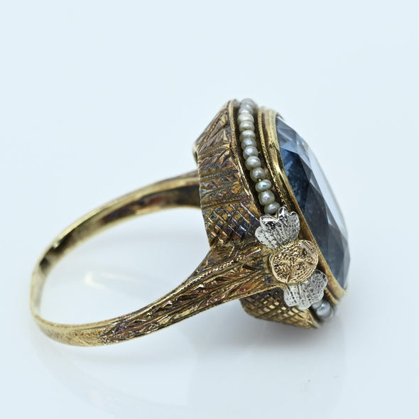 Art Deco Blue Spinel Cushion-Cut Pearl Border 14k Gold Statement Ring