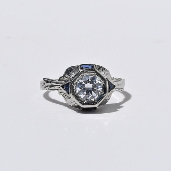 Art Deco Old European Cut White & Blue Sapphire 18k White Gold Engagement Ring