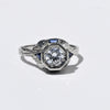 Art Deco Old European Cut White & Blue Sapphire 18k White Gold Engagement Ring