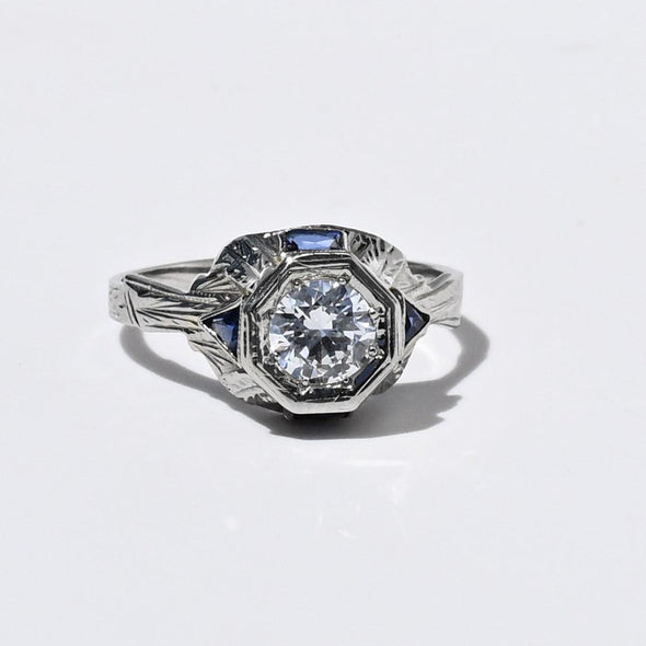 Art Deco Old European Cut White & Blue Sapphire 18k White Gold Engagement Ring
