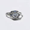 Art Deco Old European Cut White & Blue Sapphire 18k White Gold Engagement Ring