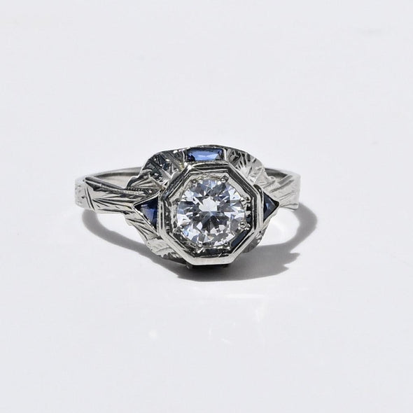 Art Deco Old European Cut White & Blue Sapphire 18k White Gold Engagement Ring