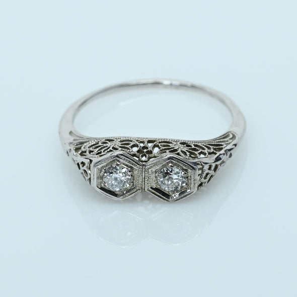 Art Deco Diamond Two Stone Filigree 18k White Gold Ring